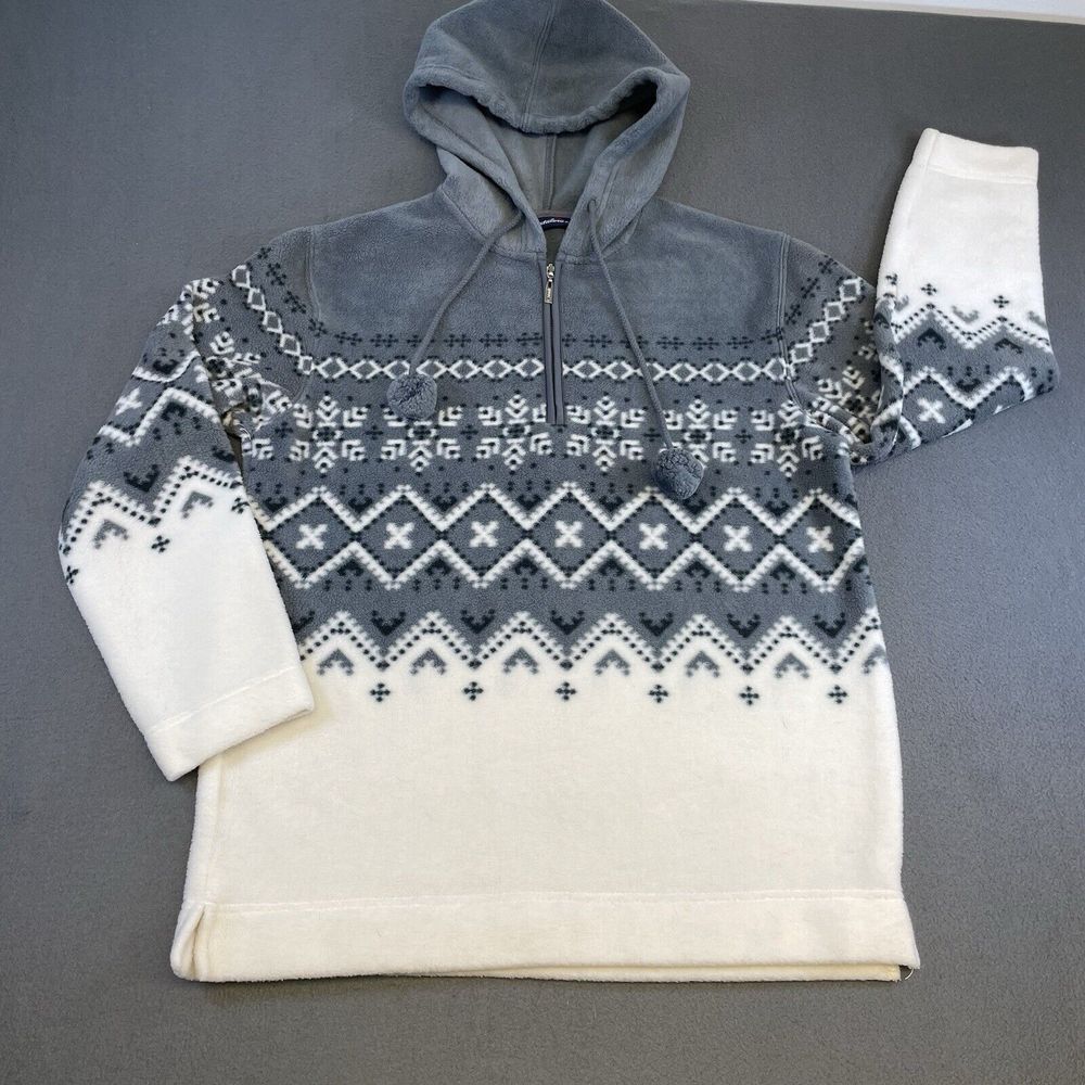 Catalina Women Fair Isle Fleece Hoodie Nordic Quarter Zip‎ Pullover Gray M